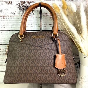 MICHAEL KORS BROWN‎ SIGNATURE BAG JET SET MEDIUM LOGO DOME SATCHEL CANVAS PURSE